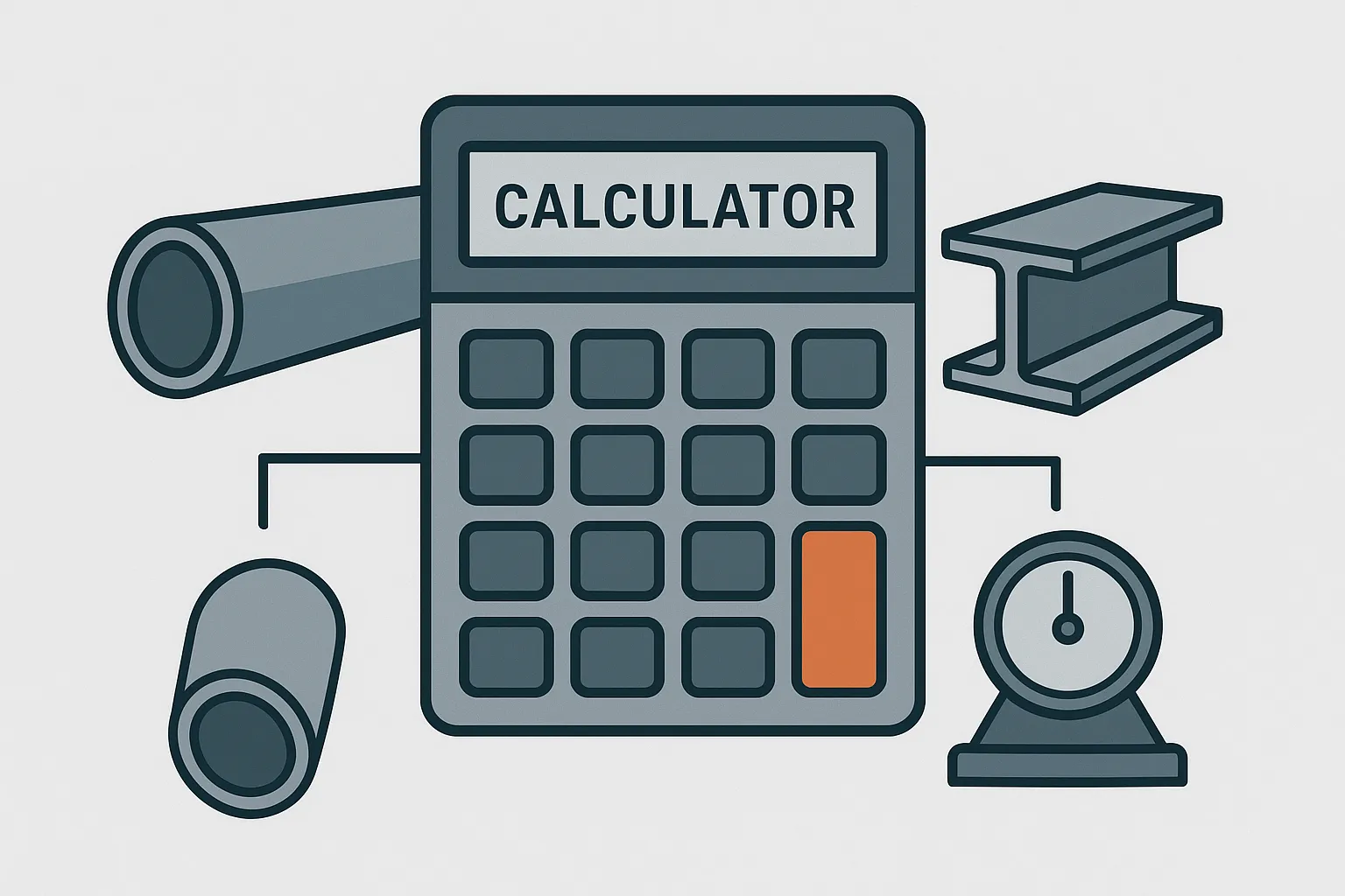 Industrial calculator illustration with steel pipe, I-beam, and weighing scale icons for pipe weight and steel weight calculations.