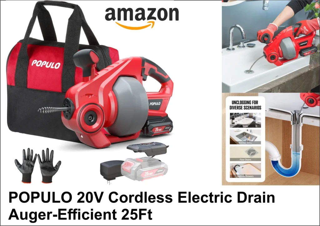 POPULO 20V Cordless Electric Drain Auger-Efficient 25Ft