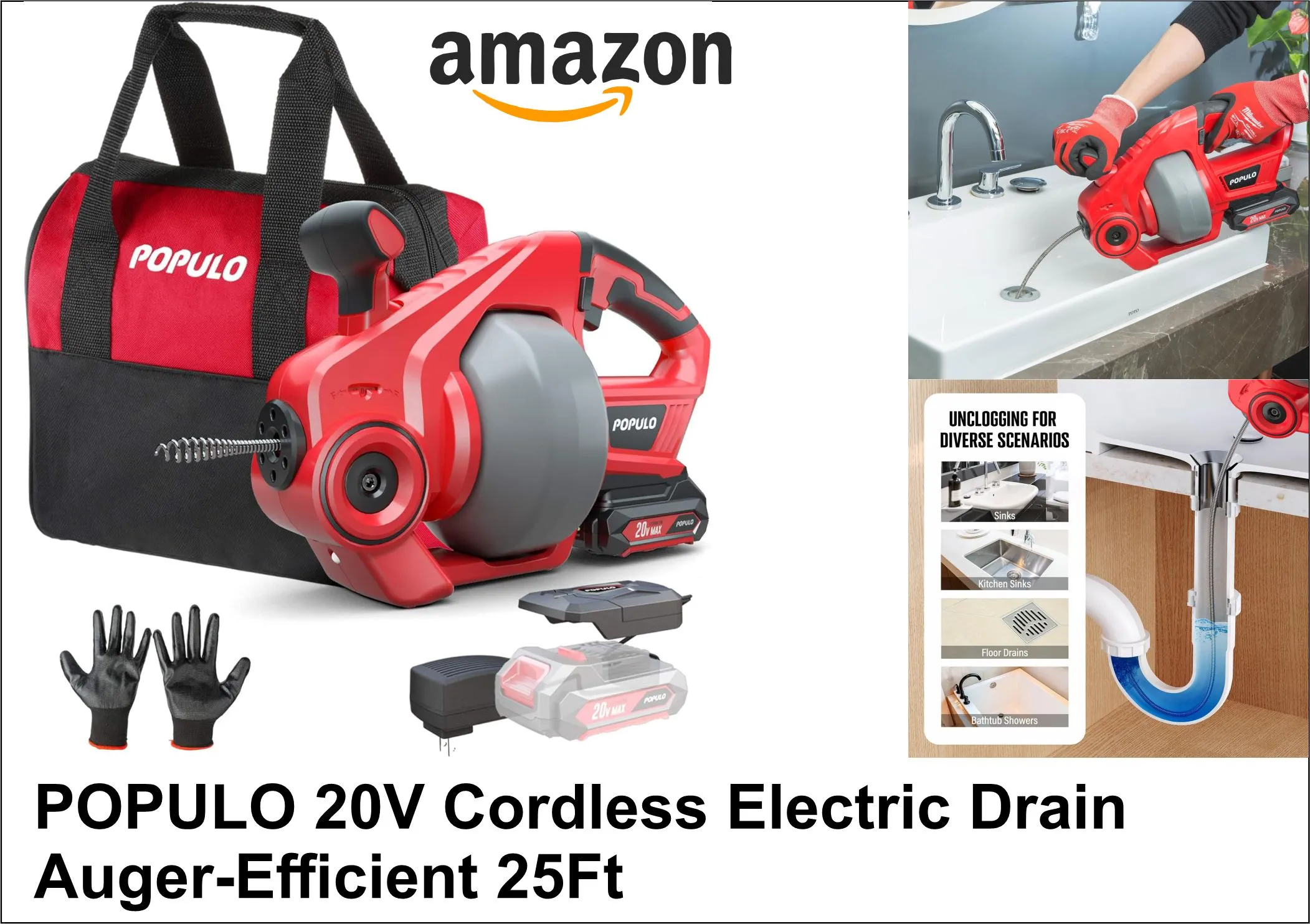 POPULO 20V Cordless Electric Drain Auger-Efficient 25Ft